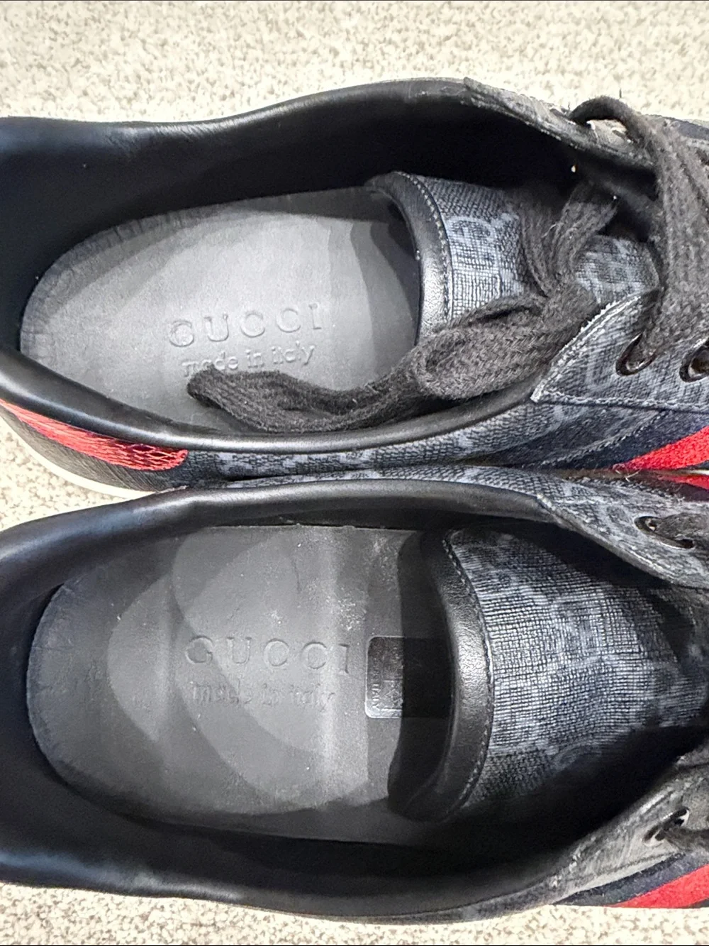 Gucci Ace GG Black Low-Top Sneakers with Red & Navy Stripe